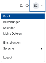 Der Bildschirmausschnitt zeigt das Menü im Nutzerprofil. Folgende Optionen stehen hier zur Verfügung: "Profil" (welches ausgewählt ist), "Bewertungen", "Kalender", "Meine Daten", "Einstellungen", "Sprache" und "Logout".