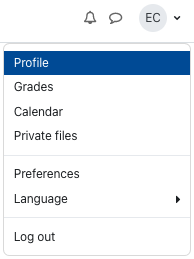 The screenshot shows the user profile menu. The options available are "Profile" (which is selected), "Grades", "Calendar", "Private files", "Preferences", "Language", and "Log out".