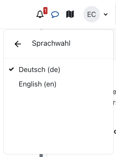 Der Bildschirmausschnitt zeigt die Sprachauswahl, die sich nach Auswahl der Option "Sprachwahl" zeigt. Im Bildausschnitt sind die Sprachen "Deutsch" und "English" angeboten.