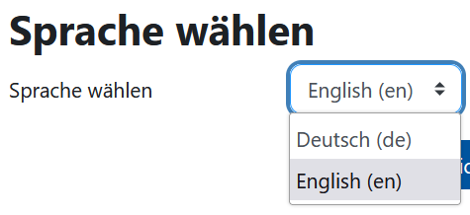 Der Bildschirmausschnitt zeigt die Sprachwahl, die über ein Dropdown-Menü möglich ist. Hier kann im Feld "Sprache wählen" zwischen "Deutsch" und "English" gewählt werden.