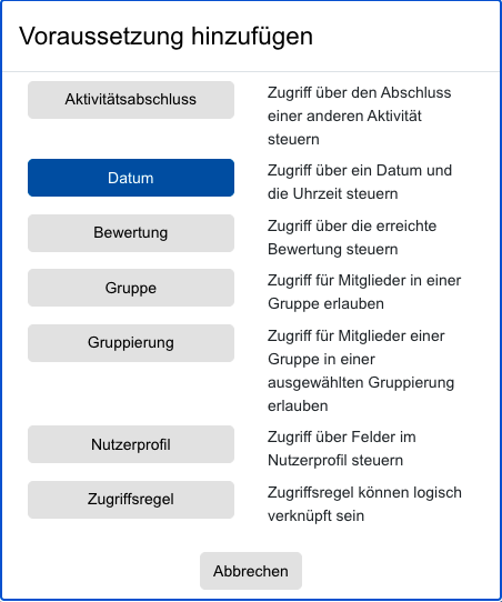 Screenshot Abstimmungs-Einstellungen, Kategorie Voraussetzung, Typ Datum