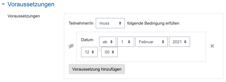 Screenshot Abstimmungs-Einstellungen, Kategorie Voraussetzung, Datum anlegen