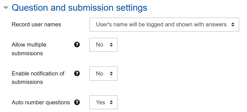 Screenshot Feedback settings catagory questions and submission