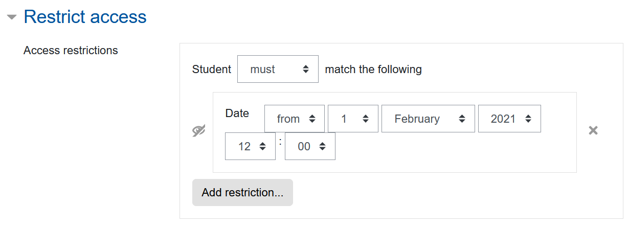 Screenshot: Feedback restiriction access settings, restrictions and date