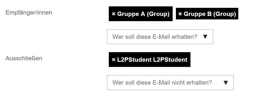 Screenshot: Quickmail beim Versenden von E-Mails im Kurs und Auswahl der Empfängergruppeneinstellungen