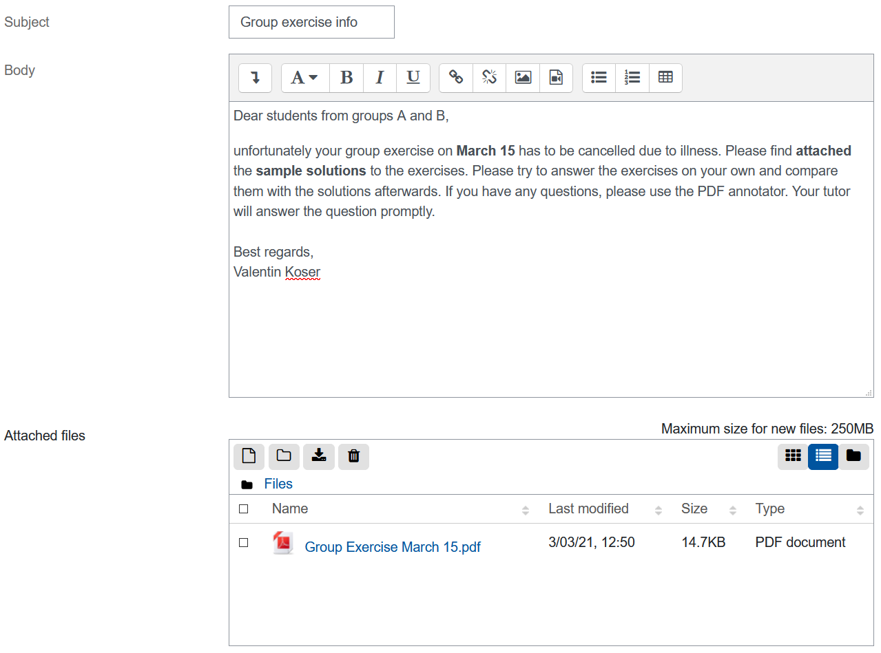 Screenshot: Quickmail title and body example