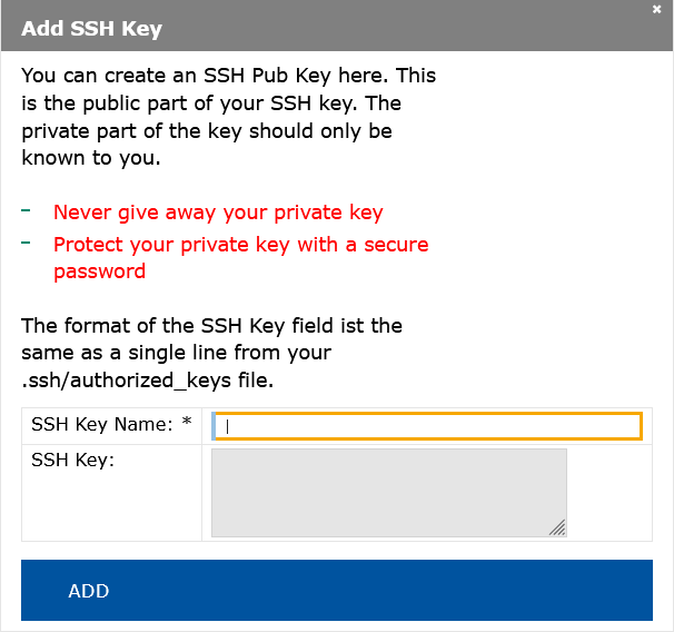 Dialogue pop-up to add a new SSH public key.