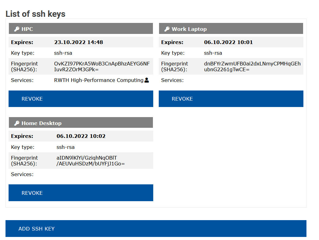 Screenshot of the overview over the SSH keys. It displays the already added keys along with their name, expiration date, key type, SHA256 Fingerprint, and associated services. The option to revoke each key and add new ones is also given.