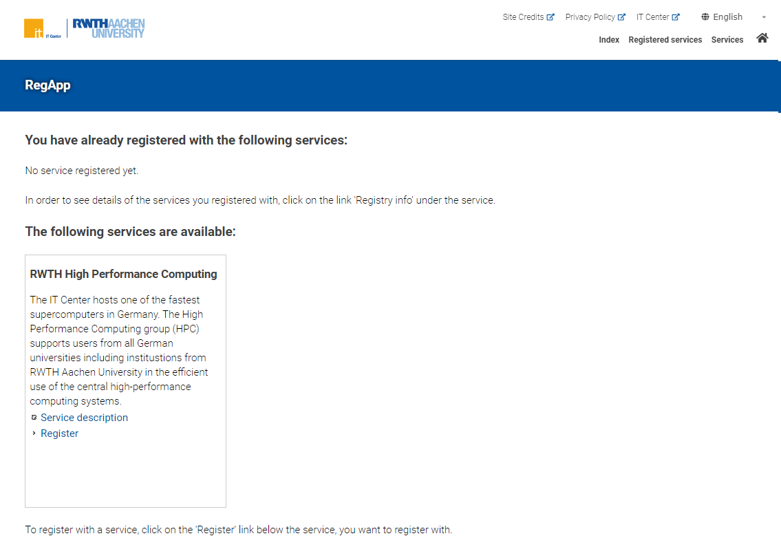 Screenshot of the RegApp Dashboard if no HPC Account is registered. It is thus listed under the heading 'The following services are available'.
