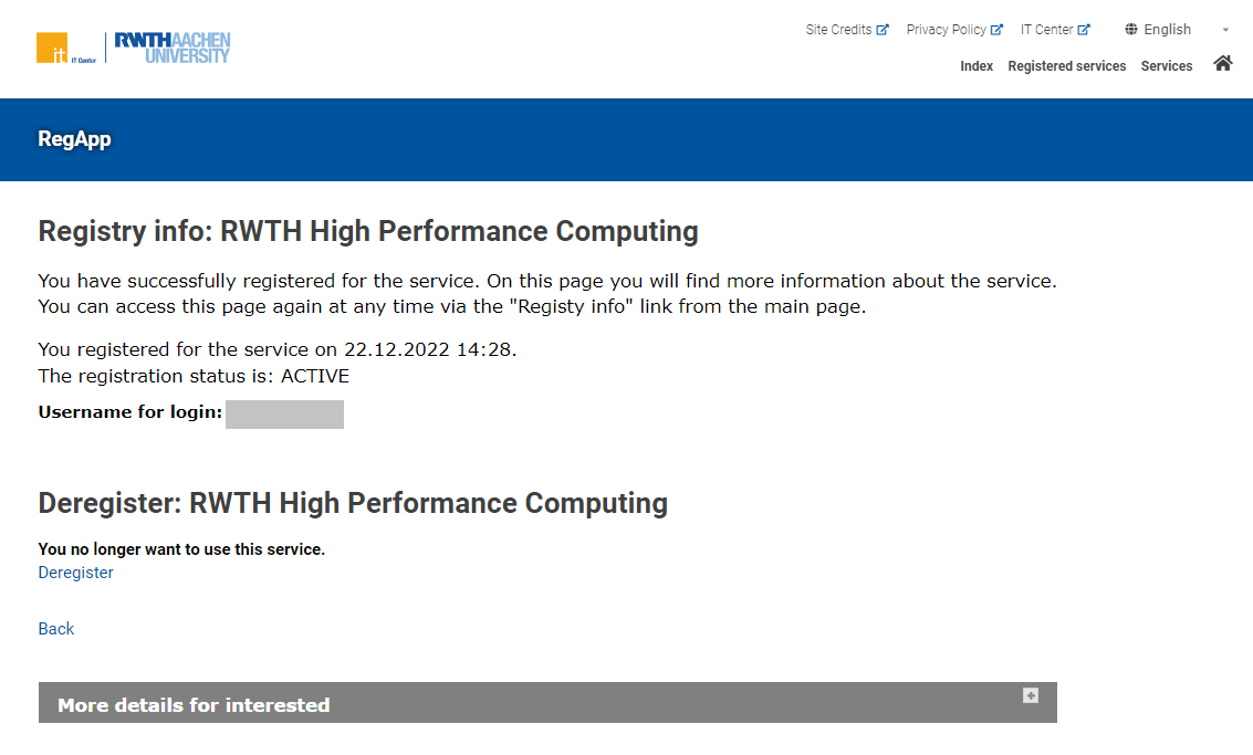 Screenshot of the details view after registering for the HPC service.