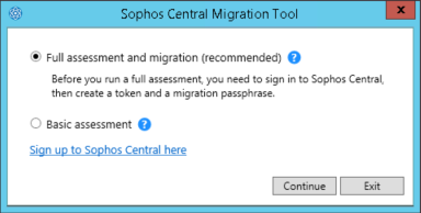 Option zum Startmodus des Sophos Central Migration Tool