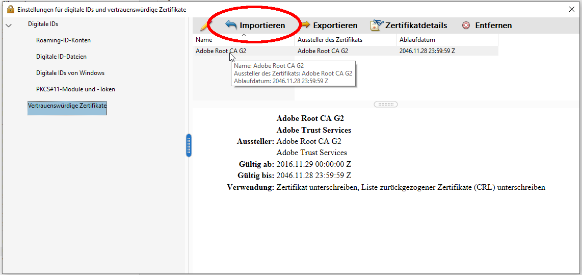 Zertifikate in Adobe importieren