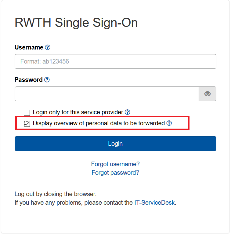 The picture shows the RWTH Single Sign-On mask 