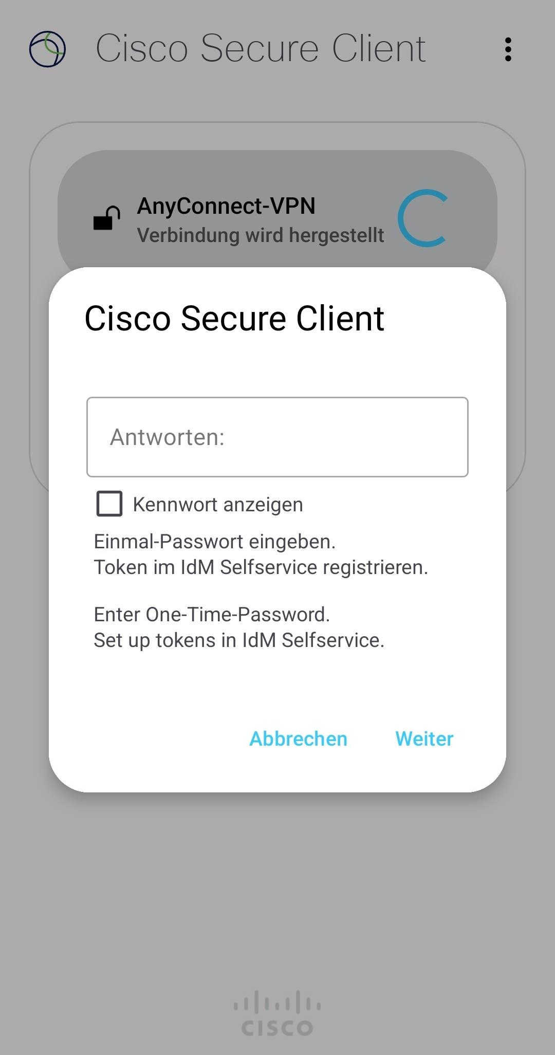 Option for entering a One-Time-Password