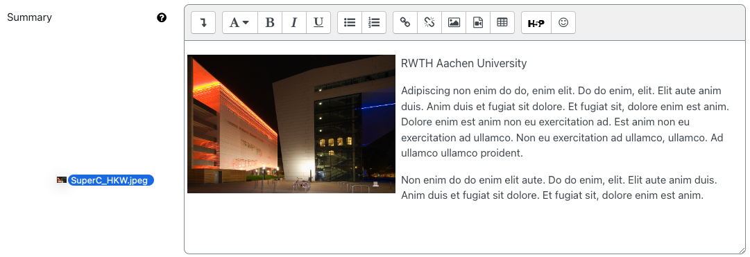 The screenshot shows the Atto editor featuring a toolbar with icons and a text area with a Lorem ipsum text in it. In the lower left area a small image is floating, have a small "Move" text attached to it. Dropped in the text area next to the text the same image is enlarged.