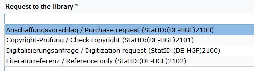 Screenshot of the request field with the available options