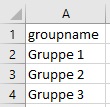 The small screenshot shows one column from a spreadsheet programme. It has four rows with one cell each, the first  contains the header text, "groupname". In the other three cells there are the following texts displayed: "Gruppe 1", "Gruppe 2", and "Gruppe 3".